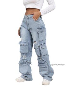 High Waist Baggy Cargo Jeans Wide Leg Denim Pants with Pockets